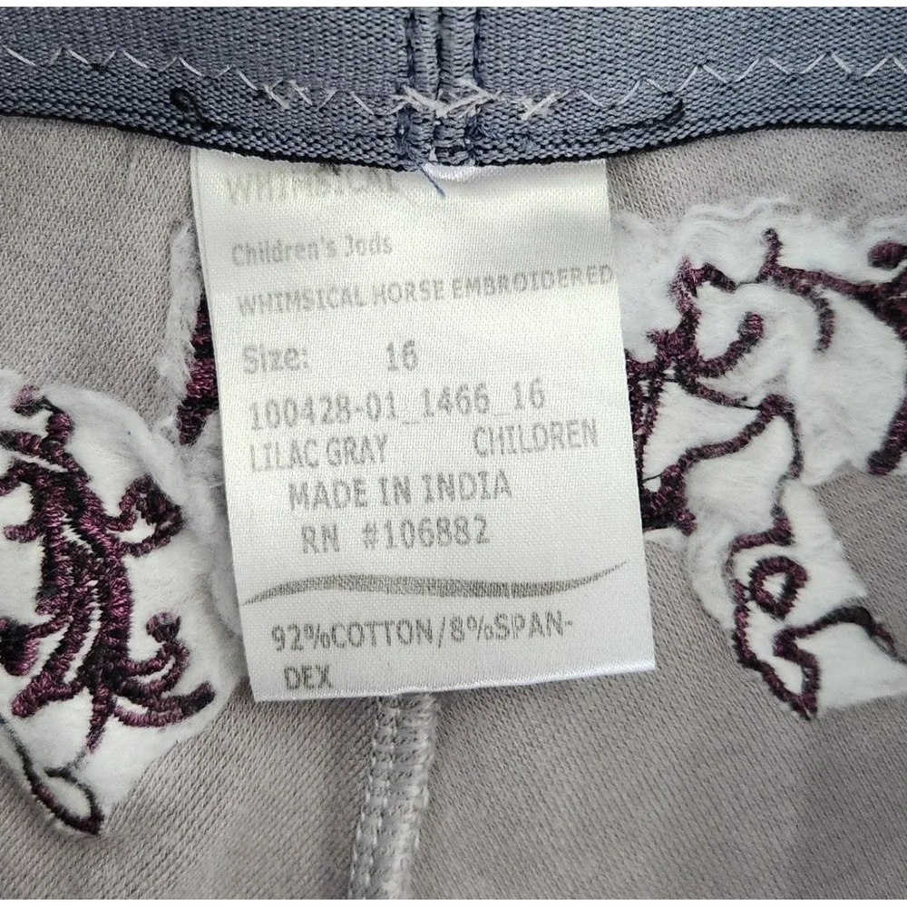 Whimsical Horse Embroidered Kids Jodhpurs Lilac Gray Equestrian Breeches Size 16